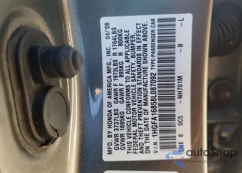 2008 Honda Civic Ex from USA, damaged, VIN 1HGFA16858L087092